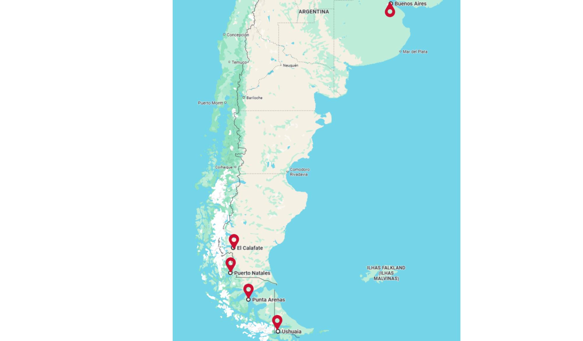 Mapa do itinerário de SILÊNCIOS DA PATAGÓNIA